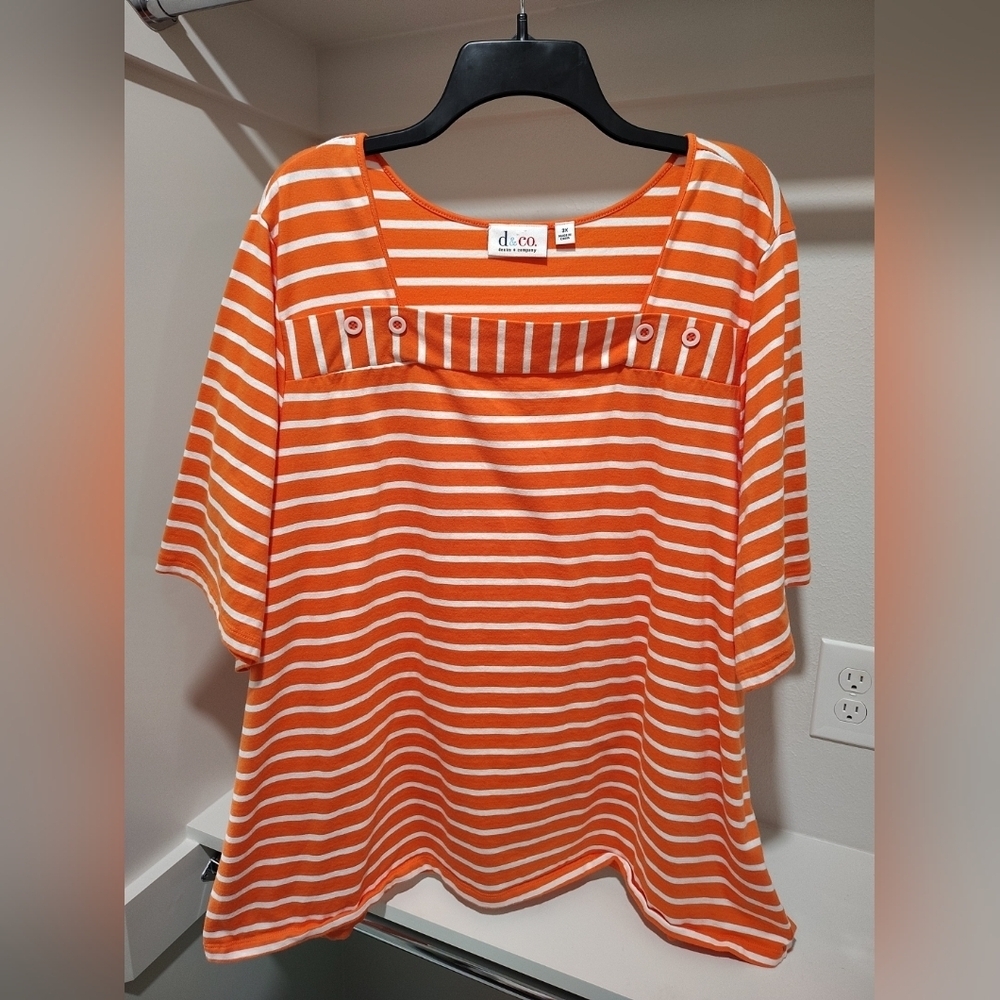D & Co. Women's Orange & White Stripe Square Neck Tunic Top Sz 3X Beach Vacation